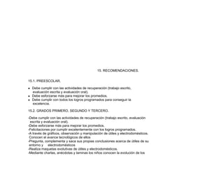 15. RECOMENDACIONES.
15.1. PREESCOLAR.
● Debe cumplir con las actividades de recuperación (trabajo escrito,
evaluación escrita y evaluación oral).
● Debe esforzarse más para mejorar los promedios.
● Debe cumplir con todos los logros programados para conseguir la
excelencia.
15.2. GRADOS PRIMERO, SEGUNDO Y TERCERO.
-Debe cumplir con las actividades de recuperación (trabajo escrito, evaluación
escrita y evaluación oral).
-Debe esforzarse más para mejorar los promedios.
-Felicitaciones por cumplir excelentemente con los logros programados.
-A través de gráficos, observación y manipulación de útiles y electrodomésticos.
Conocen el avance tecnológicos de ellos
-Pregunta, complementa y saca sus propias conclusiones acerca de útiles de su
entorno y electrodomésticos
-Realiza maquetas evolutivas de útiles y electrodomésticos.
-Mediante charlas, anécdotas y laminas los niños conocen la evolución de los
 
