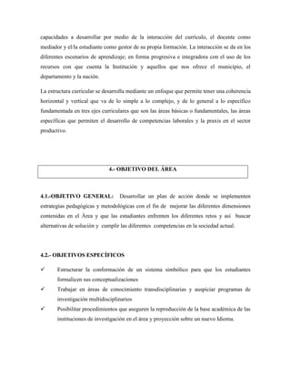 capacidades a desarrollar por medio de la interacción del currículo, el docente como
mediador y el/la estudiante como gestor de su propia formación. La interacción se da en los
diferentes escenarios de aprendizaje; en forma progresiva e integradora con el uso de los
recursos con que cuenta la Institución y aquellos que nos ofrece el municipio, el
departamento y la nación.
La estructura curricular se desarrolla mediante un enfoque que permite tener una coherencia
horizontal y vertical que va de lo simple a lo complejo, y de lo general a lo específico
fundamentada en tres ejes curriculares que son las áreas básicas o fundamentales, las áreas
específicas que permiten el desarrollo de competencias laborales y la praxis en el sector
productivo.
4.1.-OBJETIVO GENERAL: Desarrollar un plan de acción donde se implementen
estrategias pedagógicas y metodológicas con el fin de mejorar las diferentes dimensiones
contenidas en el Área y que las estudiantes enfrenten los diferentes retos y así buscar
alternativas de solución y cumplir las diferentes competencias en la sociedad actual.
4.2.- OBJETIVOS ESPECÍFICOS
 Estructurar la conformación de un sistema simbólico para que los estudiantes
formalicen sus conceptualizaciones
 Trabajar en áreas de conocimiento transdisciplinarias y auspiciar programas de
investigación multidisciplinarios
 Posibilitar procedimientos que aseguren la reproducción de la base académica de las
instituciones de investigación en el área y proyección sobre un nuevo Idioma.
4.- OBJETIVO DEL ÁREA
 