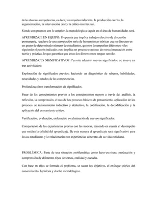 de las diversas competencias, es decir, la competencialectora, la producción escrita, la
argumentación, la intervención oral y la crítico intertextual.
Siendo congruentes con lo anterior, la metodología a seguir en el área de humanidades será.
APRENDIZAJE EN EQUIPO: Propuesta que implica trabajo colectivo de discusión
permanente, requiere de una apropiación sería de herramientas teóricas que se discuten en
un grupo de determinado número de estudiantes, quienes desempeñan diferentes roles
siguiendo el patrón indicado; esto implica un proceso continuo de retroalimentación entre
teoría y práctica, lo que garantiza que estas dos dimensiones tengan sentido.
APRENDIZAJES SIGNIFICATIVOS: Permite adquirir nuevos significados, se mueve en
tres actividades:
Exploración de significados previos; haciendo un diagnóstico de saberes, habilidades,
necesidades y estados de las competencias.
Profundización o transformación de significados.
Pasar de los conocimientos previos a los conocimientos nuevos a través del análisis, la
reflexión, la comprensión, el uso de los procesos básicos de pensamiento, aplicación de los
procesos de razonamiento inductivo y deductivo, la codificación, la decodificación y la
aplicación del pensamiento crítico.
Verificación, evaluación, ordenación o culminación de nuevos significados:
Comparación de las experiencias previas con las nuevas, teniendo en cuenta el desempeño
que medirá la calidad del aprendizaje. De esta manera el aprendizaje será significativo para
los/as estudiantes y lo relacionarán con experiencias concretas de su vida cotidiana.
PROBLÉMICA: Parte de una situación problemática como lecto-escritura, producción y
comprensión de diferentes tipos de textos, oralidad y escucha.
Con base en ellos se formula el problema, se sacan los objetivos, el enfoque teórico del
conocimiento, hipótesis y diseño metodológico.
 