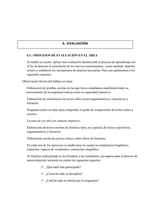 6.1.- PROCESOS DE EVALUACIÓN EN EL ÁREA
Se tendrá en cuenta aplicar una evaluación durante todo el proceso de aprendizaje con
el fin de detectar la asimilación de los nuevos conocimientos, como también detectar
errores y establecer los mecanismos de mejoras necesarias. Para esto apelaremos a los
siguientes aspectos:
Observación directa del trabajo en clase.
Elaboración de pruebas escritas en las que los/as estudiantes manifiesten tanto su
conocimiento de la asignatura teórica como su capacidad expresiva.
Elaboración de comentarios de textos sobre textos argumentativos, expositivos y
literarios.
Preguntas orales en clase para comprobar el grado de comprensión de textos orales y
escritos.
Lectura en voz alta con carácter expresivo.
Elaboración de textos escritos de distintos tipos, en especial, de textos expositivos,
argumentativos y literarios.
Elaboración escrita de juicios críticos sobre libros de literatura.
En cada uno de los ejercicios se tendrá muy en cuenta la competencia lingüística,
expresión, riqueza de vocabulario, corrección ortográfica
Al finalizar cada período se les brindará, a las estudiantes, un espacio para el proceso de
autoevaluación, teniendo en cuenta los siguientes aspectos:
 ¿Qué tanto han participado?
 ¿Cómo ha sido su disciplina?
 ¿Cuál ha sido su interés por la asignatura?
6.- EVALUACIÓN
 