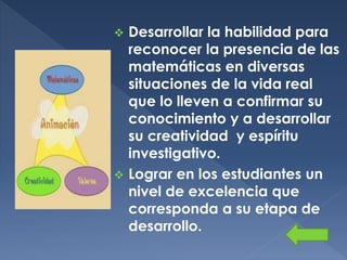 Desarrollar la habilidad para
reconocer la presencia de las
matemáticas en diversas
situaciones de la vida real
que lo lleven a confirmar su
conocimiento y a desarrollar
su creatividad y espíritu
investigativo.
 Lograr en los estudiantes un
nivel de excelencia que
corresponda a su etapa de
desarrollo.


 