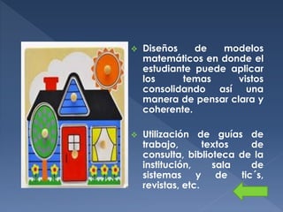 

Diseños
de
modelos
matemáticos en donde el
estudiante puede aplicar
los
temas
vistos
consolidando así una
manera de pensar clara y
coherente.



Utilización de guías de
trabajo,
textos
de
consulta, biblioteca de la
institución,
sala
de
sistemas y
de
tic´s,
revistas, etc.

 