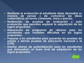 









Mediante la evaluación el estudiante debe demostrar su
manera de pensar y de comunicar las ideas
matemáticas de forma coherente, clara y precisa.
Realización de pruebas de evaluación y auto
evaluación que permitan explorar la adquisición de los
logros propuestos.
Elaboración de programas de refuerzo para los
estudiantes que muestren dificultad en los logros
propuestos.
Preparar a los estudiantes para presentar las pruebas de
estado y demás pruebas de educación nacional y el
ICFES.
Diseñar planes de profundización para los estudiantes
que demuestren un buen nivel de adquisición de los
logros propuestos.

 