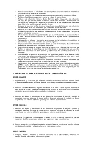  Realizar convocatorias a estudiantes con desempeño superior en el área de matemáticas
que deseen hacer parte de las monitorias.
 Crear las monitorias con los estudiantes que presentan desempeño superior en el área.
 Fortalecer habilidades que permitan orientar el trabajo de los monitores.
 Motivar a los estudiantes monitores de los diferentes grados incluyendo a los estudiantes
de 10º y 11º que deseen prestar su servicio social como monitores a estudiantes con
dificultades en matemáticas; resaltando la importancia de las competencias ciudadanas
para el bienestar académico propio y de los demás.
 Involucrar al padre de familia dentro del proyecto de asesoráis tanto para los estudiantes
con dificultades en el área como a los que colaboraran en las asesoráis.
 Estimular a los estudiantes monitores con una valoración académica (nota en el periodo),
un incentivo económico que le permita subsanar algunas de sus necesidades y eximirlo de
algunas actividades escolares.
 Crear espacios de asesoráis personalizadas que le permita avanzar en su desempeño en
el área, elaborar material didáctico o profundizar en algunos temas y procedimientos
matemáticos.
 Participación en talleres y seminarios programados por la institución, el municipio o el
departamento y que sean costeados por quien los organice.
 Organizar encuentros interinstitucionales dentro y fuera del municipio, buscando mostrar
experiencias y enriquecernos con nuevas propuestas.
 Crear clubes o grupos de estudios dentro de las instituciones y luego a nivel municipal que
faciliten el proceso de aprendizaje de las matemáticas en los estudiantes que presentan
dificultades especificas del área, creando y fortaleciendo los semilleros existentes en el
municipio.
 Crear espacios de asesoráis a estudiantes con desempeño superior en el área del grado
noveno para que elijan adecuadamente la modalidad, que le sirva de visión futura hacia
sus expectativas universitarias y laborales.
 Asignar espacios para la capacitación, integración, concursos y demás actividades que
beneficien el desarrollo normal del proyecto del área en cada institución.
 Recibir apoyo de la secretaria de educación municipal, de la junta municipal de educación
(JUME) y de las diferentes instituciones para la creación y fortalecimiento de los clubes o
grupos de estudiantes con desempeño superior en esta y otras áreas, asignando para ello
presupuesto municipal que mejore la calidad de la educación.
4. INDICADORES DEL AREA POR GRADOS, SEGÚN LA RESOLUCION 2343
GRADO: PRIMERO
1. Expresa Ideas y situaciones que involucran conceptos matemáticos mediante lenguaje natural
y representaciones físicas, pictóricas, gráficas, simbólicas y establece conexiones entre ellas.
2. Identifica y clasifica fronteras y regiones de objetos en el plano y en el espacio, reconoce en
ellos formas y figuras a través de la imaginación del dibujo o de la construcción con materiales
apropiados y caracteriza triángulos, cuadrados, rectángulos y círculos.
3. Identifica en objetos y situaciones de su entorno las magnitudes de longitud, volumen, y
capacidad; reconoce procesos de conservación y desarrolla procesos de medición de dichas
magnitudes, con patrones arbitrarios y con algunos patrones estandarizados.
GRADO: SEGUNDO
1. Identifica en objetos y situaciones de su entorno las magnitudes de longitud, volumen, y
capacidad; reconoce procesos de conservación y desarrolla procesos de medición de dichas
magnitudes, con patrones arbitrarios y con algunos patrones estandarizados.
2. Relaciona los algoritmos convencionales o propios con los conceptos matemáticos que los
sustentan, identifica esquemas y patrones que le permiten llegar a conclusiones.
3. Explora y descubre propiedades interesantes y regularidades de los números, efectúa cálculos
con datos de la realidad y utiliza creativamente materiales y medios.
GRADO: TERCERO
1. Compara, describe, denomina y cuantifica situaciones de la vida cotidiana, utilizando con
sentido números por lo menos hasta de cinco cifras.
 