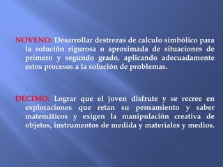 NOVENO: Desarrollar destrezas de calculo simbólico para
la solución rigurosa o aproximada de situaciones de
primero y segundo grado, aplicando adecuadamente
estos procesos a la solución de problemas.
DÉCIMO: Lograr que el joven disfrute y se recree en
exploraciones que retan su pensamiento y saber
matemáticos y exigen la manipulación creativa de
objetos, instrumentos de medida y materiales y medios.
 