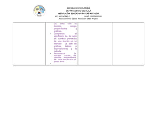 REPÚBLICA DE COLOMBIA
DEPARTAMENTO DEL HUILA
INSTITUCIÒN EDUCATIVA BATEAS-ACEVEDO.
NIT: 900147345-2 DANE: 241006000361
Reconocimiento Oficial Resolución 0889 de 2015
(x) unto con su
dominio, rango,
propiedades y
gráficas.
- Comprendo el
significado de la razón
de cambio promedio
de una función en un
intervalo (a partir de
gráficas, tablas o
expresiones) y la
calcula
- Reconozco la
noción razón de
cambio instantáneo
de una función en un
punto x=a:
-
 