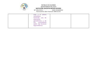 REPÚBLICA DE COLOMBIA
DEPARTAMENTO DEL HUILA
INSTITUCIÒN EDUCATIVA BATEAS-ACEVEDO.
NIT: 900147345-2 DANE: 241006000361
Reconocimiento Oficial Resolución 0889 de 2015
éste y el sistema
cartesiano,
haciendo uso de
argumentos
geométricos y de
sus conocimientos
sobre las funciones
trigonométricas
 