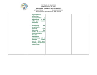 REPÚBLICA DE COLOMBIA
DEPARTAMENTO DEL HUILA
INSTITUCIÒN EDUCATIVA BATEAS-ACEVEDO.
NIT: 900147345-2 DANE: 241006000361
Reconocimiento Oficial Resolución 0889 de 2015
trigonométricas,
potencias,
exponenciales y
logarítmicas y las
utiliza para resolver
problemas.
- Reconozco las
propiedades
básicas que
diferencian las
familias de funciones
exponenciales,
lineales,
logarítmicas,
polinómicas, etc. e
identifica cuáles
puede utilizar para
modelar situaciones
específicas.
 