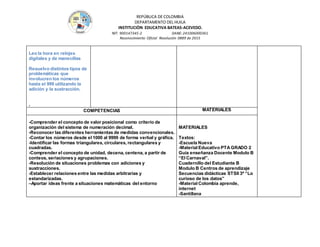 REPÚBLICA DE COLOMBIA
DEPARTAMENTO DEL HUILA
INSTITUCIÒN EDUCATIVA BATEAS-ACEVEDO.
NIT: 900147345-2 DANE: 241006000361
Reconocimiento Oficial Resolución 0889 de 2015
Leo la hora en relojes
digitales y de manecillas
Resuelvo distintos tipos de
problemáticas que
involucren los números
hasta el 999 utilizando la
adición y la sustracción.
.
COMPETENCIAS MATERIALES
-Comprender el concepto de valor posicional como criterio de
organización del sistema de numeración decimal.
-Reconocer las diferentes herramientas de medidas convencionales.
-Contar los números desde el 1000 al 9999 de forma verbal y gráfica.
-Identificar las formas triangulares, circulares, rectangulares y
cuadradas.
-Comprender el concepto de unidad, decena, centena, a partir de
conteos, seriaciones y agrupaciones.
-Resolución de situaciones problemas con adiciones y
sustracciones.
-Establecer relaciones entre las medidas arbitrarias y
estandarizadas.
–Aportar ideas frente a situaciones matemáticas del entorno
MATERIALES
Textos:
-Escuela Nueva
-Material Educativo PTA GRADO 2
Guía enseñanza Docente Modulo B
“El Carnaval”.
Cuadernillo del Estudiante B
Modulo B Centros de aprendizaje
Secuencias didácticas STSII 3ª “Lo
curioso de los datos”
-Material Colombia aprende,
internet
-Santillana
 