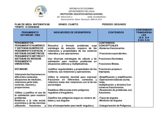REPÚBLICA DE COLOMBIA
DEPARTAMENTO DEL HUILA
INSTITUCIÒN EDUCATIVA BATEAS-ACEVEDO.
NIT: 900147345-2 DANE: 241006000361
Reconocimiento Oficial Resolución 0889 de 2015
PLAN DE AREA: MATEMATICAS GRADO: CUARTO PERIODO: SEGUNDO
TIEMPO: 10 SEMANAS
PENSAMIENTO
ESTANDAR / DBA
INDICADORES DE DESEMPEÑOS CONTENIDOS
CONTENIDOS
TRANSVERSA
LES
(E.S. E.A
E.DH. E.H)
PENSAMIENTOS:
PENSAMIENTO NUMÉRICO
Y SISTEMAS NUMÉRICOS
PENSAMIENTO ESPACIAL Y
SISTEMAS GEOMÉTRICOS
PENSAMIENTO MÉTRICO Y
SISTEMAS DE MEDIDAS
PENSAMIENTO
VARIACIONAL
ESTANDAR:
-Interpreto las fracciones en
diferentes contextos:
situaciones de medición,
relaciones parte todo,
cociente, razones y
proporciones.
-Utilizo y justifico el uso de
la estimación para resolver
problemas
Relativos a la vida social,
económica y de las ciencias,
utilizando fracciones y
Resuelvo y formulo problemas cuya
estrategia de solución requiera de las
relaciones y propiedades de los números
naturales y sus operaciones.
Uso diversas estrategias de cálculo y de
estimación para resolver problemas en
situaciones aditivas y multiplicativas.
Justifico regularidades y propiedades de los
números, sus relaciones y operaciones.
Utilizo la notación decimal para expresar
fracciones en Diferentes contextos y
relaciono estas dos notaciones con la de los
porcentajes
Establece diferencias entre polígonos
regulares e Irregulares.
Clasifico los polígonos según su número de
lados y sus ángulos
Uso el transportador para medir ángulos y
CONTENIDOS
CONCEPTUALES
-Números fraccionarios
-Fracciones equivalentes.
Fracciones Decimales.
Fracciones Mixtas.
Fracciones propias e
Impropias.
-Simplificación y amplificación.
-Operaciones básicas (suma,
resta,
multiplicación y división) Con
números fraccionarios.
-Resolución de problemas con
fracciones
-Tipos de ángulos
-Medición de ángulos
-Categorización de Polígonos.
 