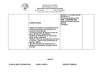 REPÚBLICA DE COLOMBIA
DEPARTAMENTO DEL HUILA
INSTITUCIÒN EDUCATIVA BATEAS-ACEVEDO.
NIT: 900147345-2 DANE: 241006000361
Reconocimiento Oficial Resolución 0889 de 2015
COMPETENCIAS
-Utilizar las relaciones y propiedades de los
números naturales y fraccionarios en la
resolución de problemas.
-Construir la loción de ángulos a través de
giros, aberturas e inclinaciones.
-Explorar procedimientos de cálculo para
medir áreas y volúmenes.
-Explorar relaciones de dependencia de área
y volumen, respecto a las dimensiones de
figuras y sólidos.
-Discutir relaciones de dependencia en
situaciones económicas, sociales y de las
ciencias.
Modulo C y C Cuadernillo del
Estudiante C
Secuencias Didácticas STS
AZAR Y PROBABILIDAD
-Material Colombia aprende,
internet
-Santillana
QUINTO
PLAN DE AREA: MATEMATICAS GRADO: QUINTO PERIODO: PRIMERO
 