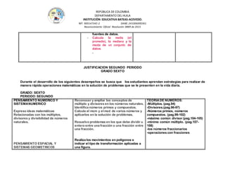REPÚBLICA DE COLOMBIA
DEPARTAMENTO DEL HUILA
INSTITUCIÒN EDUCATIVA BATEAS-ACEVEDO.
NIT: 900147345-2 DANE: 241006000361
Reconocimiento Oficial Resolución 0889 de 2015
fuentes de datos.
- Calcula la media (el
promedio), la mediana y la
moda de un conjunto de
datos.
.
JUSTIFICACION SEGUNDO PERIODO
GRADO SEXTO
Durante el desarrollo de los siguientes desempeños se busca que los estudiantes aprendan estrategias para realizar de
manera rápida operaciones matemáticas en la solución de problemas que se le presenten en la vida diaria.
GRADO: SEXTO
PERIODO:SEGUNDO
PENSAMIENTO NUMERICO Y
SISTEMANUMERICO
Expreso ideas matemáticas
Relacionadas con los múltiplos,
divisores y divisibilidad de números
naturales.
PENSAMIENTO ESPACIAL Y
SISTEMAS GEOMETRICOS
Reconocer y ampliar los conceptos de
múltiplo y divisores en los números naturales.
Identifica números primos y compuestos.
Calcula el mcm y el mcd de varios números y
aplicarlos en la solución de problemas.
Resuelvo problemas en los que debe dividir u
entero entre una fracción o una fracción entre
una fracción.
Realiza los movimientos en polígonos e
indicar el tipo de transformación aplicadas a
una figura.
TEORIADE NUMEROS:
-Múltiplos. (pag.94)
-Divisores.(pag.96-97)
-Números primos, números
compuestos. (pag.99-102)
-máximo común divisor (pag.104-105)
-mínimo común múltiplo. (pag.107-
108)
-los números fraccionarios
-operaciones con fracciones
 
