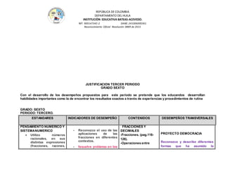 REPÚBLICA DE COLOMBIA
DEPARTAMENTO DEL HUILA
INSTITUCIÒN EDUCATIVA BATEAS-ACEVEDO.
NIT: 900147345-2 DANE: 241006000361
Reconocimiento Oficial Resolución 0889 de 2015
JUSTIFICACION TERCER PERIODO
GRADO SEXTO
Con el desarrollo de los desempeños propuestos para este periodo se pretende que los educandos desarrollan
habilidades importantes como la de encontrar los resultados exactos a través de experiencias y procedimientos de rutina
GRADO: SEXTO
PERIODO:TERCERO.
ESTANDARES INDICADORES DE DESEMPEÑO CONTENIDOS DESEMPEÑOS TRANSVERSALES
PENSAMIENTO NUMERICO Y
SISTEMANUMERICO
 Utilizo números
racionales, en sus
distintas expresiones
(fracciones, razones,
- Reconozco el uso de las
aplicaciones de las
fracciones en diferentes
contextos.
- Resuelve problemas en los
FRACCIONES Y
DECIMALES
-Fracciones. (pag.118-
126).
-Operaciones entre
PROYECTO DEMOCRACIA
Reconozco y describo diferentes
formas que ha asumido la
 