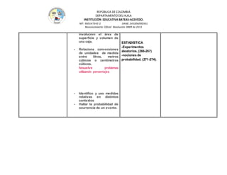 REPÚBLICA DE COLOMBIA
DEPARTAMENTO DEL HUILA
INSTITUCIÒN EDUCATIVA BATEAS-ACEVEDO.
NIT: 900147345-2 DANE: 241006000361
Reconocimiento Oficial Resolución 0889 de 2015
involucren el área de
superficie y volumen de
una caja.
- Relaciona conversiones
de unidades de medida
entre litros, metros
cúbicos o centímetros
cúbicos.
Resuelve problemas
utilizando porcentajes.
- Identifico y uso medidas
relativas en distintos
contextos
- Hallar la probabilidad de
ocurrencia de un evento.
ESTADISTICA
-Experimentos
aleatorios. (266-267)
-nociones de
probabilidad. (271-274).
 