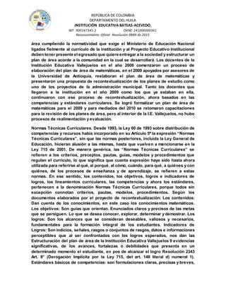 REPÚBLICA DE COLOMBIA
DEPARTAMENTO DEL HUILA
INSTITUCIÒN EDUCATIVA BATEAS-ACEVEDO.
NIT: 900147345-2 DANE: 241006000361
Reconocimiento Oficial Resolución 0889 de 2015
área cumpliendo la normatividad que exige el Ministerio de Educación Nacional
ligados fielmente al currículo de la institución y al Proyecto Educativo Institucional
deben tener presente el egresado que quiere entregar a la sociedad y estructurar un
plan de área acorde a la comunidad en la cual se desarrollará. Los docentes de la
Institución Educativa Vallejuelos en el año 2008 comenzaron un proceso de
elaboración del plan de área de matemáticas, en el 2009 apoyados por asesores de
la Universidad de Antioquia, reelaboran el plan de área de matemáticas y
presentaron una propuesta de recontextualización de los planes de estudio como
uno de los proyectos de la administración municipal. Tanto los docentes que
llegaron a la institución en el año 2009 como los que ya estaban en ella,
continuaron con ese proceso de recontextualización, ahora basados en las
competencias y estándares curriculares. Se logró formalizar un plan de área de
matemáticas para el 2009 y para mediados del 2010 se retomaron capacitaciones
para la revisión de los planes de área, pero al interior de la I.E. Vallejuelos, no hubo
procesos de realimentación y evaluación.
Normas Técnicas Curriculares. Desde 1993, la Ley 60 de 1993 sobre distribución de
competencias y recursos había incorporado en su Artículo 5º la expresión “Normas
Técnicas Curriculares”, sin que las normas posteriores, incluida la Ley General de
Educación, hicieran alusión a las mismas, hasta que vuelven a mencionarse en la
Ley 715 de 2001. De manera genérica, las “Normas Técnicas Curriculares” se
refieren a los criterios, preceptos, pautas, guías, modelos y procedimientos que
regulan el currículo, lo que significa que cuanta expresión haya sido hasta ahora
utilizada para referirse al qué, al porqué, al cómo, cuándo, para qué, a quiénes y con
quiénes, de los procesos de enseñanza y de aprendizaje, se refieren a estas
normas. En ese sentido, los contenidos, los objetivos, logros e indicadores de
logros, los lineamientos curriculares, las competencias y ahora los estándares,
pertenecen a la denominación Normas Técnicas Curriculares, porque todos sin
excepción connotan criterios, pautas, modelos, procedimientos. Según los
documentos elaborados por el proyecto de recontextualización: Los contenidos:
Dan cuenta de los conocimientos, en este caso los conocimientos matemáticos.
Los objetivos: Son guías que orientan. Enunciados claros y precisos de las metas
que se persiguen. Lo que se desea conocer, explorar, determinar y demostrar. Los
logros: Son los alcances que se consideran deseables, valiosos y necesarios,
fundamentales para la formación integral de los estudiantes. Indicadores de
Logros: Son indicios, señales, rasgos o conjuntos de rasgos, datos e informaciones
perceptibles que al ser confrontados con los logros esperados, nos dan las
Estructuración del plan de área de la Institución Educativa Vallejuelos 9 evidencias
significativas, de los avances, fortalezas o debilidades que presenta en un
determinado momento el estudiante, en pos de alcanzar el logro Resolución 2343
Art. 8° (Derogación Implícita por la Ley 715, del art. 148 literal d) numeral 1).
Estándares básicos de competencias: son formulaciones claras, precisas y breves,
 