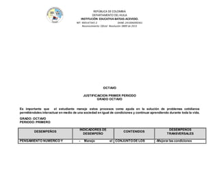 REPÚBLICA DE COLOMBIA
DEPARTAMENTO DEL HUILA
INSTITUCIÒN EDUCATIVA BATEAS-ACEVEDO.
NIT: 900147345-2 DANE: 241006000361
Reconocimiento Oficial Resolución 0889 de 2015
OCTAVO
JUSTIFICAICION PRIMER PERIODO
GRADO OCTAVO
Es importante que el estudiante maneje estos procesos como ayuda en la solución de problemas cotidianos
permitiéndoles interactuar en medio de una sociedad en igual de condiciones y continuar aprendiendo durante toda la vida.
GRADO: OCTAVO
PERIODO:PRIMERO
DESEMPEÑOS
INDICADORES DE
DESEMPEÑO
CONTENIDOS
DESEMPEÑOS
TRANSVERSALES
PENSAMIENTO NUMERICO Y - Manejo el CONJUNTO DE LOS -Mejorar las condiciones
 
