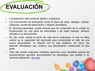 EVALUACIÓN
La evaluación será continua, global y progresiva.
Los instrumentos de evaluación serán el diario de clase, debates, charlas,
coloquios, escala de observación y registro anecdótico,
En términos generales, puede decirse que los contenidos de la unidad se
fundamentan en una serie de actividades y de ideas básicas, siempre
referidos a la alimentación.
De ese modo, desde el punto de vista de la evaluación, lo que se debe
valorar es la capacidad del alumnado para comprender el valor de una
buena alimentación, su relación con la vida cotidiana, así como, las
distintas dificultades que conlleva una alimentación inadecuada en esa
edad.
Todo ello puede evaluarse mediante ejercicios cuyo resultado precise de
razonamientos sencillos acompañados de estrategias que ayuden a su
correcta realización. Ver mas
 