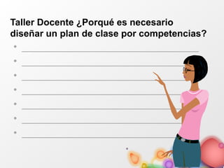 Taller Docente ¿Porqué es necesario
diseñar un plan de clase por competencias?
• ________________________________
• ________________________________
• ________________________________
• ________________________________
• ________________________________
• ________________________________
• ________________________________
 