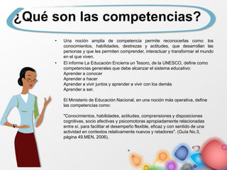 ¿Qué son las competencias?
• Una noción amplia de competencia permite reconocerlas como: los
conocimientos, habilidades, destrezas y actitudes, que desarrollan las
personas y que les permiten comprender, interactuar y transformar el mundo
en el que viven.
• El informe La Educación Encierra un Tesoro, de la UNESCO, define como
competencias generales que debe alcanzar el sistema educativo:
Aprender a conocer
Aprender a hacer
Aprender a vivir juntos y aprender a vivir con los demás
Aprender a ser.
El Ministerio de Educación Nacional, en una noción más operativa, define
las competencias como:
"Conocimientos, habilidades, actitudes, comprensiones y disposiciones
cognitivas, socio afectivas y psicomotoras apropiadamente relacionadas
entre sí, para facilitar el desempeño flexible, eficaz y con sentido de una
actividad en contextos relativamente nuevos y retadores". (Guía No.3,
página 49.MEN, 2006).
 