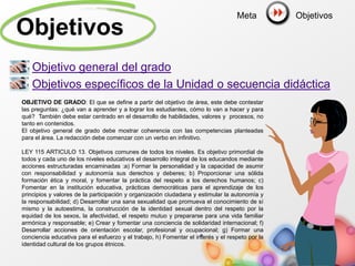 Objetivos
• Objetivo general del grado
• Objetivos específicos de la Unidad o secuencia didáctica
OBJETIVO DE GRADO: El que se define a partir del objetivo de área, este debe contestar
las preguntas: ¿qué van a aprender y a lograr los estudiantes, cómo lo van a hacer y para
qué? También debe estar centrado en el desarrollo de habilidades, valores y procesos, no
tanto en contenidos.
El objetivo general de grado debe mostrar coherencia con las competencias planteadas
para el área. La redacción debe comenzar con un verbo en infinitivo.
LEY 115 ARTICULO 13. Objetivos comunes de todos los niveles. Es objetivo primordial de
todos y cada uno de los niveles educativos el desarrollo integral de los educandos mediante
acciones estructuradas encaminadas :a) Formar la personalidad y la capacidad de asumir
con responsabilidad y autonomía sus derechos y deberes; b) Proporcionar una sólida
formación ética y moral, y fomentar la práctica del respeto a los derechos humanos; c)
Fomentar en la institución educativa, prácticas democráticas para el aprendizaje de los
principios y valores de la participación y organización ciudadana y estimular la autonomía y
la responsabilidad; d) Desarrollar una sana sexualidad que promueva el conocimiento de sí
mismo y la autoestima, la construcción de la identidad sexual dentro del respeto por la
equidad de los sexos, la afectividad, el respeto mutuo y prepararse para una vida familiar
armónica y responsable; e) Crear y fomentar una conciencia de solidaridad internacional; f)
Desarrollar acciones de orientación escolar, profesional y ocupacional; g) Formar una
conciencia educativa para el esfuerzo y el trabajo, h) Fomentar el interés y el respeto por la
identidad cultural de los grupos étnicos.
Objetivos
Meta
 