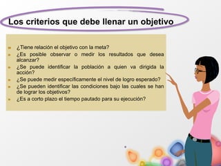 Los criterios que debe llenar un objetivo
¿Tiene relación el objetivo con la meta?
¿Es posible observar o medir los resultados que desea
alcanzar?
¿Se puede identificar la población a quien va dirigida la
acción?
¿Se puede medir específicamente el nivel de logro esperado?
¿Se pueden identificar las condiciones bajo las cuales se han
de lograr los objetivos?
¿Es a corto plazo el tiempo pautado para su ejecución?
 