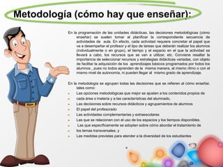 Metodología (cómo hay que enseñar):
En la programación de las unidades didácticas, las decisiones metodológicas (cómo
enseñar) se suelen tomar al planificar la correspondiente secuencia de
actividades de aula. En efecto, cada actividad requiere concretar el papel que
va a desempeñar el profesor y el tipo de tareas que deberán realizar los alumnos
(individualmente o en grupo), el tiempo y el espacio en el que la actividad se
llevará a cabo, los recursos que se van a utilizar, etc. Conviene resaltar la
importancia de seleccionar recursos y estrategias didácticas variadas, con objeto
de facilitar la adquisición de los aprendizajes básicos programados por todos los
alumnos , pues no todos aprenden de la misma manera, al mismo ritmo o con el
mismo nivel de autonomía, ni pueden llegar al mismo grado de aprendizaje.
En la metodología se agrupan todas las decisiones que se refieren al cómo enseñar,
tales como:
Las opciones metodológicas que mejor se ajusten a los contenidos propios de
cada área o materia y a las características del alumnado,
Las decisiones sobre recursos didácticos y agrupamientos de alumnos
El papel del profesorado
Las actividades complementarias y extraescolares
Las que se relacionen con el uso de los espacios y los tiempos disponibles.
Las que específicamente se adopten sobre cómo abordar el tratamiento de
los temas transversales, y
Las medidas previstas para atender a la diversidad de los estudiantes
 