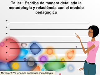 Taller : Escriba de manera detallada la
metodología y relaciónela con el modelo
pedagógico
• ________________________________
• ________________________________
• ________________________________
• ________________________________
• ________________________________
• ________________________________
• ________________________________
Muy bien!! Ya tenemos definida la metodología
 