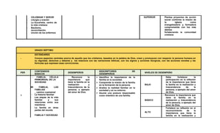 CELEBRAR Y SERVIR
- Liturgia y oración
- La Eucaristía, centro de
la vida cristiana
- Bautismo,
reconciliación.
Unción de los enfermos
SUPERIOR Plantea proyectos de acción
social conforme la misión de
la iglesia como
evangelizadora y formadora
comprometida con los más
débiles
fortaleciendo la comunidad
cristiana
GRADO SÉPTIMO
ESTÁNDARES
- Conoce aspectos centrales acerca de aquello que los cristianos, basados en la palabra de Dios, creen y promueven con respecto la persona humana en
su dignidad, derechos y deberes y los relaciona con las narraciones bíblicas, con los signos y acciones litúrgicas, con las acciones morales y las
fórmulas que expresan esas convicciones.
PER
CONTENIDOS
BÁSICOS
DESEMPEÑOS
DESCRIPTORES DE
DESEMPEÑOS
NIVELES DE DESEMPEÑO
1
FAMILIA, CÉLULA
PRIMORDIAL DE LA
SOCIEDAD
MI FAMILIA, LAS
FAMILIAS
_ camino cuaresmal
- La historia familiar
- Las etapas de la vida
familiar y sus
relaciones entre sus
miembros
- La familia en otras
partes del mundo
FAMILIA Y SOCIEDAD
Reconoce la
importancia que
tiene la familia en la
realización y
trascendencia de la
persona, a ejemplo
del amor de Dios.
 Identifica la importancia de la
familia en la sociedad.
 Comprende la misión de la familia
en la formación de la persona.
 Analiza la realidad familiar en la
sociedad y en su entorno.
 Asume una postura responsable
como miembro de una familia.
BAJO
Debe fortalecer la
participación en la reflexión
de la importancia que tiene
la familia en la realización y
trascendencia de la
persona, a ejemplo del amor
de Dios.
BÁSICO
Reconoce la importancia que
tiene la familia en la
realización y trascendencia
de la persona, a ejemplo del
amor de Dios.
ALTO
Fortalece su reflexión en el
reconocimiento de la
importancia que tiene la
familia en la realización y
 
