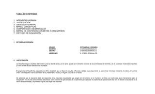 TABLA DE CONTENIDO
1. INTENSIDAD HORARIA
2. JUSTIFICACION
3. OBJETIVOS GENERAL
4. MARCO CONCEPTUAL
5. COMPETENCIA A DESARROLLAR
6. MATRIZ DE CONTENIDO CON METAS Y DESEMPEÑOS
7. CRITERIO DE EVALUACIÓN
1. INTENSIDAD HORARIA
GRADO INTENSIDAD HORARIA
NOVENO 1 HORAS SEMANALES
DECIMO 3 HORAS SEMANALES
UNDECIMO 3 HORAS SEMANALES
2. JUSTIFICACIÒN
La filosofía indaga la realidad del hombre y de los demás seres, por lo tanto, puede ser la directriz racional de las actividades del hombre y de la sociedad, mostrando el sentido
y el sin sentido de las realizaciones humanas.
El programa de filosofía fue preparado con firme propósito que: el discente estudie, reflexione, debata vaya adquiriendo su autonomía intelectual mediante el análisis, el sentido
crítico e investigativo como conocedor de la problemática social y el legado cultural de la nación.
Se pretende que el educando trate de responder a las naturales inquietudes que surgen en el hombre, en el mundo y en Dios, por tanto esta es la herramienta para la
integración viva de los conocimientos adquiridos, como camino de aplicaciones de lo aprendido para abordar el problema del pensamiento del ser, en donde el estudiante es el
centro de aprendizaje y el profesor el guía que dirige esa actividad.
 