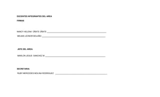 DOCENTES INTEGRANTES DEL AREA
FIRMAS
NANCY HELENA OÑATE OÑATE ________________________________________________________
MELBIS LEONOR BOLAÑO ____________________________________________________________
JEFE DEL AREA:
MARLON JESUS SANCHEZ M _________________________________________________________
SECRETARIA:
RUBY MERCEDES MOLINA RODRIGUEZ _________________________________________________
 