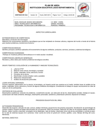 SANTIAGO DE CALI
PLAN DE AREA
INSTITUCION EDUCATIVA LICEO DEPARTAMENTAL
LICEO
DEPARTAMENTAL
Versión: 02 Fecha: 08/01/2013 Página 1 de 4 Código: LD-DC-08
NIVEL ESCOLAR: BASICA SECUNDARIA I.H. SEM: 1 HORA
ÁREA: TECNOLOGÍA E INFORMÁTICA GRADO: NOVENO
PROGRAMA: TECNOLOGÍA E INFORMÁTICA PERIODO: PRIMERO
ASPECTOS CURRICULARES.
ESTÁNDAR BÁSICO DE COMPETENCIA:
Naturaleza y evolución de la tecnología
Relaciono los conocimientos científicos y tecnológicos que se han empleado en diversas culturas y regiones del mundo a través de la historia
para resolver problemas y transformar el entorno.
COMPETENCIAS BÁSICAS:
Identifico principios científicos aplicados al funcionamiento de algunos artefactos, productos, servicios, procesos y sistemas tecnológicos.
COMPETENCIAS CIUDADANAS:
Participo en iniciativas políticas democráticas en mi medio escolar o localidad.
COMPETENCIAS LABORALES GENERALES:
Recolecto y utilizo datos para resolver problemas tecnológicos sencillos.
GRUPO TEMÁTICO: EVOLUCIÓN DE LA HUMANIDAD Y ANÁLISIS TECNOLÓGICO
1. ¿Qué es CTS?
2. Relación entre ciencia, tecnología y sociedad
3. Partes, materiales, forma, estructura, función
4. Principios de la ciencia
5. Electricidad, circuitos simples ( serie y paralelo)
6. Relaciones interpersonales
7. Análisis de situaciones personales
LOGRO INTEGRAL ESPERADO:
Conocer aspectos relacionados con la ciencia, la tecnología y el impacto social que ocasiona en el medio; también hacer el análisis de las
partes, materiales, forma, estructura y función de algunos artefactos tecnológicos; considerando el trabajo en equipo reconociendo los roles de
cada uno de los participantes.
CRITERIOS DE EVALUACION:
Desempeños académicos: (solución de problemas, cumplimiento escolar, uso adecuado de las tic), desempeños sociales: (trabajo en equipo,
conservación del medio ambiente, liderazgo), desempeños personales: (asistencia, presentación personal, disposición al trabajo)
PROCESOS EDUCATIVOS DEL ÁREA
ACTIVIDADES PEDAGÓGICAS:
Desarrollo del proyecto y del plan de aula. Lectura, análisis individual y grupal de los documentos propuestos. Socialización de aprendizajes de
manera creativa. Equipos de trabajo estructurados de 4-6 personas. Diario de procesos. Definición de roles en los equipos (lideres científicos):
Monitor, relator (cuenta y describe), encargado de los Materiales, vigía de tiempo, observador toma nota de las actividades y controla el aseo.
En la sala de sistemas equipos de 2 personas. Crear cuenta de correo en gmail.com nombre, apellido, curso. Manejo del blog del curso.
Monitorias.
MATERIAL DIDÁCTICO:
 