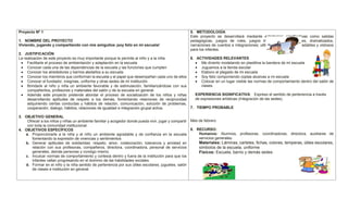 Proyecto Nº 1
1. NOMBRE DEL PROYECTO
Viviendo, jugando y compartiendo con mis amiguitos ¡soy feliz en mi escuela!
2. JUSTIFICACIÓN
La realización de este proyecto es muy importante porque le permite al niño y a la niña:
 Facilitarle el proceso de ambientación y adaptación en la escuela
 Conocer cada una de las dependencias de la escuela y las funciones que cumplen
 Conocer los alrededores y barrios aledaños a su escuela
 Conocer los miembros que conforman la escuela y el papel que desempeñan cada uno de ellos
 Conocer el fundador, insignias, uniforme y otras sedes de mi institución
 Brindarle al niño y niña un ambiente favorable y de estimulación, familiarizándose con sus
compañeritos, profesores y materiales del salón y de la escuela en general.
 Además este proyecto pretende abordar el proceso de socialización de los niños y niñas
desarrollando aptitudes de respeto a los demás, fomentando relaciones de reciprocidad
adquiriendo ciertas conductas y hábitos de relación, comunicación, solución de problemas,
cooperación, dialogo, hábitos, relaciones de igualdad e integración grupal activa.
3. OBJETIVO GENERAL
Ofrecer a los niños y niñas un ambiente familiar y acogedor donde pueda vivir, jugar y compartir
con toda la comunidad institucional.
4. OBJETIVOS ESPECÍFICOS
a. Proporcionarle a la niña y al niño un ambiente agradable y de confianza en la escuela
fomentando la expresión de vivencias y sentimientos
b. Generar aptitudes de solidaridad, respeto, amor, colaboración, tolerancia y amistad en
relación con sus profesoras, compañeros, directora, coordinadora, personal de servicios
generales, demás personas y consigo mismo.
c. Inculcar normas de comportamiento y cortesía dentro y fuera de la institución para que los
infantes vallan progresando en el dominio de las habilidades sociales.
d. Formar en el niño y la niña sentido de pertenencia por sus útiles escolares, juguetes, salón
de clases e institución en general
5. METODOLOGÍA
Este proyecto se desarrollará mediante estrategias significativas como salidas
pedagógicas, juegos de roles, juegos tradicionales, canciones, dramatizados,
narraciones de cuentos e integraciones; utilizando materiales agradables y vistosos
para los infantes.
6. ACTIVIDADES RELEVANTES
 Me divierto modelando en plastilina la bandera de mi escuela
 Juguemos a la tienda escolar
 Elaboro el plegado de mi escuela
 Soy feliz componiendo coplas alusivas a mi escuela
 Colocar en un lugar visible las normas de comportamiento dentro del salón de
clases.
EXPERIENCIA SIGNIFICATIVA: Expreso el sentido de pertenencia a través
de expresiones artísticas (Integración de las sedes).
7. TIEMPO PROBABLE
Mes de febrero
8. RECURSO:
Humanos: Alumnos, profesoras, coordinadoras, directora, auxiliares de
servicios generales.
Materiales: Láminas, carteles, fichas, colores, temperas, útiles escolares,
símbolos de la escuela, uniforme
Físicos: Escuela, barrio y demás sedes
 