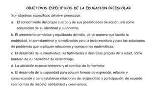 OBJETIVOS ESPECIFICOS DE LA EDUCACION PREESCOLAR
Son objetivos específicos del nivel preescolar:
a. El conocimiento del propio cuerpo y de sus posibilidades de acción, así como
adquisición de su identidad y autonomía;
b. El crecimiento armónico y equilibrado del niño, de tal manera que facilite la
motricidad, el aprestamiento y la motivación para la lecto-escritura y para las soluciones
de problemas que impliquen relaciones y operaciones matemáticas;
c. El desarrollo de la creatividad, las habilidades y destrezas propias de la edad, como
también de su capacidad de aprendizaje;
d. La ubicación espacio-temporal y el ejercicio de la memoria;
e. El desarrollo de la capacidad para adquirir formas de expresión, relación y
comunicación y para establecer relaciones de reciprocidad y participación, de acuerdo
con normas de respeto, solidaridad y convivencia;
 
