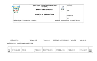 INSTITUCIÓN EDUCATIVA COMUNITARIA
DISTRITAL
MANUEL ELKIN PATARROYO

CODIGO

49

FORMATO DE PLAN DE CLASES

VERSIÓN
01

RES...