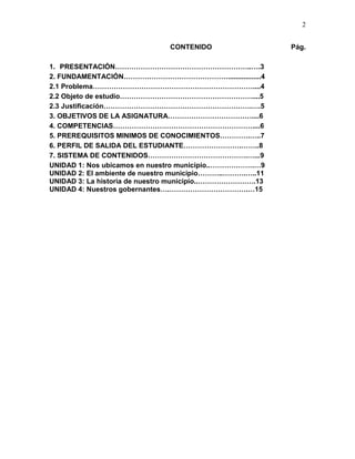 2
CONTENIDO Pág.
1. PRESENTACIÓN…………………………………………………..….3
2. FUNDAMENTACIÓN……………………………………….................4
2.1 Problema……………………………………………………………....4
2.2 Objeto de estudio…………………………………………………....5
2.3 Justificación……………………………………………………….….5
3. OBJETIVOS DE LA ASIGNATURA………………………………....6
4. COMPETENCIAS……………………………………………………....6
5. PREREQUISITOS MINIMOS DE CONOCIMIENTOS………….…..7
6. PERFIL DE SALIDA DEL ESTUDIANTE…………………….……..8
7. SISTEMA DE CONTENIDOS…………………………………….…...9
UNIDAD 1: Nos ubicamos en nuestro municipio..……………….…9
UNIDAD 2: El ambiente de nuestro municipio………..……….…..11
UNIDAD 3: La historia de nuestro municipio..…………………….13
UNIDAD 4: Nuestros gobernantes….…………………………….…15
 