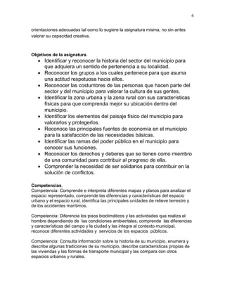 6
orientaciones adecuadas tal como lo sugiere la asignatura misma, no sin antes
valorar su capacidad creativa.
Objetivos de la asignatura.
 Identificar y reconocer la historia del sector del municipio para
que adquiera un sentido de pertenencia a su localidad.
 Reconocer los grupos a los cuales pertenece para que asuma
una actitud respetuosa hacia ellos.
 Reconocer las costumbres de las personas que hacen parte del
sector y del municipio para valorar la cultura de sus gentes.
 Identificar la zona urbana y la zona rural con sus características
físicas para que comprenda mejor su ubicación dentro del
municipio.
 Identificar los elementos del paisaje físico del municipio para
valorarlos y protegerlos.
 Reconoce las principales fuentes de economía en el municipio
para la satisfacción de las necesidades básicas.
 Identificar las ramas del poder público en el municipio para
conocer sus funciones.
 Reconocer los derechos y deberes que se tienen como miembro
de una comunidad para contribuir al progreso de ella.
 Comprender la necesidad de ser solidarios para contribuir en la
solución de conflictos.
Competencias.
Competencia: Comprende e interpreta diferentes mapas y planos para analizar el
espacio representado, comprende las diferencias y características del espacio
urbano y el espacio rural, identifica las principales unidades de relieve terrestre y
de los accidentes marítimos.
Competencia: Diferencia los pisos bioclimáticos y las actividades que realiza el
hombre dependiendo de las condiciones ambientales, comprende las diferencias
y características del campo y la ciudad y las integra al contexto municipal,
reconoce diferentes actividades y servicios de los espacios públicos.
Competencia: Consulta información sobre la historia de su municipio, enumera y
describe algunas tradiciones de su municipio, describe características propias de
las viviendas y las formas de transporte municipal y las compara con otros
espacios urbanos y rurales.
 