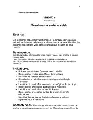8
Sistema de contenidos.
UNIDAD 1
(Primer Periodo)
Nos ubicamos en nuestro municipio.
Estándar:
Eje relaciones espaciales y ambientales: Reconozco la interacción
entre el ser humano y el paisaje en diferentes contextos e identifica las
acciones económicas y las consecuencias que resultan de esta
relación.
Desempeños:
Cog: Comprende e interpreta diferentes mapas y planos para analizar el espacio
representado.
Proc: Diferencia y caracteriza del espacio urbano y el espacio rural.
Act: Identifica las principales unidades de relieve terrestre y de los accidentes
marítimos.
Indicadores:
 Ubica el Municipio en Córdoba y en Colombia
 Reconoce los límites geográficos del municipio
 Identifica las veredas del municipio
 Describe los principales centros turísticos naturales del
municipio
 Identifica los principales elementos morfológicos del municipio.
 Reconoce las principales quebradas del municipio.
 Identifica las principales formas del Relieve
 Reconoce los principales puntos de referencia para la
orientación
 Identificar los puntos cardinales, en lugares u objetos
representados en un plano.
Competencias: Comprende e interpreta diferentes mapas y planos para
analizar el espacio representado, comprende las diferencias y características del
 