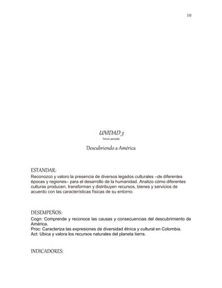 10
UNIDAD 3
Tercer periodo
Descubriendo a América
ESTANDAR:
Reconozco y valoro la presencia de diversos legados culturales –de diferentes
épocas y regiones– para el desarrollo de la humanidad. Analizo cómo diferentes
culturas producen, transforman y distribuyen recursos, bienes y servicios de
acuerdo con las características físicas de su entorno.
DESEMPEÑOS:
Cogn: Comprende y reconoce las causas y consecuencias del descubrimiento de
América.
Proc: Caracteriza las expresiones de diversidad étnica y cultural en Colombia.
Act: Ubica y valora los recursos naturales del planeta tierra.
INDICADORES:
 