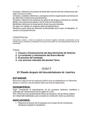11
Compara y diferencia el proceso de desarrollo cultural entre las civilizaciones del
viejo y el nuevo mundo.
Compara y establece diferencia y semejanza entre la organización económica de
las diferentes civilizaciones precolombinas.
Compara y diferencia los sistemas de gobierno del antiguo continente en la Edad
Media y los sistemas de gobierno de la América Precolombina
Manifiesta interés por la conservación de los recursos naturales.
Se ubica con rapidez en cualquier parte del planeta tierra.
Identifica y opina sobre los derechos fundamentales de la mujer, el trabajador, el
usuario y los grupos étnicos.
COMPETENCIAS:
Comprende, explica y valora la presencia de diversos legados culturales provenientes de las
diversas etnias, transforma y distribuye los recursos de acuerdo con las características físicas de la
humanidad
TEMAS:
1. Causas y Consecuencias del descubrimiento de América
2. La conquista y colonización del Nuevo Mundo
3. El proceso del mestizaje
4. Los recursos naturales del planeta Tierra.
Unidad 4
El Mundo después del descubrimiento de América
ESTANDAR:
Reconozco algunos de los sistemas políticos que se establecieron en diferentes
épocas y culturas y las principales ideas que buscan legitimarlos.
DESEMPEÑOS:
Cogn: Comprende la trascendencia de los procesos históricos cientificos y
culturales del Renacimiento de los siglos XV y XVI.
Proc: Reconoce las características físicas de Oceanía y de las tierras polares.
Act: Desarrolla habilidades para consultar la constitución sobre sus derechos.
INDICADORES:
 Relaciona el acenso de la burguesía con el paso de las monarquías
absolutas al gobierno republicano.
 