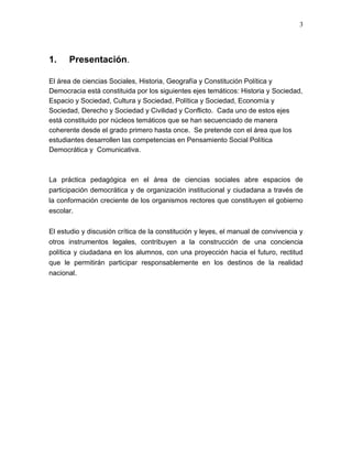 3
1. Presentación.
El área de ciencias Sociales, Historia, Geografía y Constitución Política y
Democracia está constituida por los siguientes ejes temáticos: Historia y Sociedad,
Espacio y Sociedad, Cultura y Sociedad, Política y Sociedad, Economía y
Sociedad, Derecho y Sociedad y Civilidad y Conflicto. Cada uno de estos ejes
está constituido por núcleos temáticos que se han secuenciado de manera
coherente desde el grado primero hasta once. Se pretende con el área que los
estudiantes desarrollen las competencias en Pensamiento Social Política
Democrática y Comunicativa.
La práctica pedagógica en el área de ciencias sociales abre espacios de
participación democrática y de organización institucional y ciudadana a través de
la conformación creciente de los organismos rectores que constituyen el gobierno
escolar.
El estudio y discusión crítica de la constitución y leyes, el manual de convivencia y
otros instrumentos legales, contribuyen a la construcción de una conciencia
política y ciudadana en los alumnos, con una proyección hacia el futuro, rectitud
que le permitirán participar responsablemente en los destinos de la realidad
nacional.
 