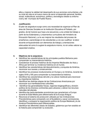 5
ellos y mejorar la calidad del desempeño de sus acciones comunitarias y de
su nivel de vida en el nuevo marco de servir al desarrollo personal, familiar,
social, multicultural, económico, político y tecnológico desde su entorno
rural y del municipio de Pueblo Nuevo.
3. Justificación.
El plan de asignatura surge como una necesidad de organizar el Plan de
área de Ciencias Sociales en la Institución Educativa el Poblado, por
grados, de tal manera que haya una secuencia y una unidad de trabajo a
partir de los Estándares y Lineamientos curriculares del ministerio de
Educación Nacional, y a la vez mejorar los resultados del proceso de
enseñanza y aprendizaje en los estudiantes y a la vez cualificar la labor
docente enriqueciéndola con elementos de trabajo y orientaciones
adecuadas tal como lo sugiere la asignatura misma, no sin antes valorar su
capacidad creativa.
4. Objetivos de la asignatura.
 Identificar las características de los principales pueblos Bárbaros para
comprender su trascendencia histórica.
 Caracterizar el proceso histórico de los Imperios Medievales de Asia y
África par terminar su incidencia histórica en el mundo.
 Identificar las características del descubrimiento y conquista de América,
reconocer sus causas y consecuencias.
 Identificar los procesos revolucionarios en Europa y en América, durante los
siglos XVIII y XIX para comprender su trascendencia histórica.
 Identificar las características del arte y la cultura medieval para reconocer
su importancia histórica.
 Identificar las distintas etapas de las Civilizaciones Americanas por
reconocer sus manifestaciones culturales.
 Identificar las generalidades físicas, regiones biogeográficas y división
política de los diversos continentes para ubicarse y valorar los recursos
naturales del planeta.
 Identifica las particularidades económicas que caracterizan a Europa
durante la Edad Media para diferenciarla de la Europa Antigua.
 Reconoce el sistema de producción utilizado por las Civilizaciones
Precolombinas para compararlo con el feudalismo y sacar conclusiones.
Identificar y comparar la organización política de Europa Medieval y la de
América Precolombina para Diferenciarlas.
 Identificar las diferentes clases de Estados, gobiernos que han existido en
la historia para comprender su evolución.
 