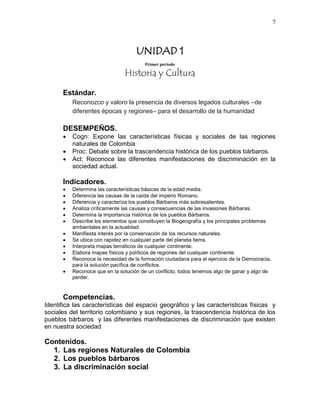 7
UNIDAD 1
Primer periodo
Historia y Cultura
Estándar.
Reconozco y valoro la presencia de diversos legados culturales –de
diferentes épocas y regiones– para el desarrollo de la humanidad
DESEMPEÑOS.
 Cogn: Expone las características físicas y sociales de las regiones
naturales de Colombia
 Proc: Debate sobre la trascendencia histórica de los pueblos bárbaros.
 Act: Reconoce las diferentes manifestaciones de discriminación en la
sociedad actual.
Indicadores.
 Determina las características básicas de la edad media.
 Diferencia las causas de la caída del imperio Romano.
 Diferencia y caracteriza los pueblos Bárbaros más sobresalientes.
 Analiza críticamente las causas y consecuencias de las invasiones Bárbaras.
 Determina la importancia histórica de los pueblos Bárbaros.
 Describe los elementos que constituyen la Biogeografía y los principales problemas
ambientales en la actualidad.
 Manifiesta interés por la conservación de los recursos naturales.
 Se ubica con rapidez en cualquier parte del planeta tierra.
 Interpreta mapas temáticos de cualquier continente.
 Elabora mapas físicos y políticos de regiones del cualquier continente.
 Reconoce la necesidad de la formación ciudadana para el ejercicio de la Democracia,
para la solución pacífica de conflictos.
 Reconoce que en la solución de un conflicto, todos tenemos algo de ganar y algo de
perder.
Competencias.
Identifica las características del espacio geográfico y las características físicas y
sociales del territorio colombiano y sus regiones, la trascendencia histórica de los
pueblos bárbaros y las diferentes manifestaciones de discriminación que existen
en nuestra sociedad
Contenidos.
1. Las regiones Naturales de Colombia
2. Los pueblos bárbaros
3. La discriminación social
 