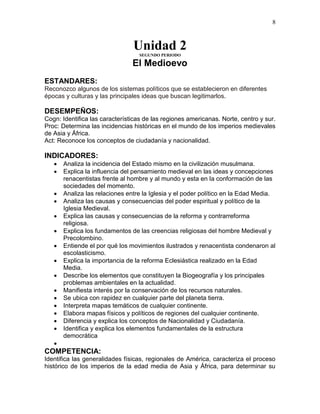 8
Unidad 2
SEGUNDO PERIODO
El Medioevo
ESTANDARES:
Reconozco algunos de los sistemas políticos que se establecieron en diferentes
épocas y culturas y las principales ideas que buscan legitimarlos.
DESEMPEÑOS:
Cogn: Identifica las características de las regiones americanas. Norte, centro y sur.
Proc: Determina las incidencias históricas en el mundo de los imperios medievales
de Asia y África.
Act: Reconoce los conceptos de ciudadanía y nacionalidad.
INDICADORES:
 Analiza la incidencia del Estado mismo en la civilización musulmana.
 Explica la influencia del pensamiento medieval en las ideas y concepciones
renacentistas frente al hombre y al mundo y esta en la conformación de las
sociedades del momento.
 Analiza las relaciones entre la Iglesia y el poder político en la Edad Media.
 Analiza las causas y consecuencias del poder espiritual y político de la
Iglesia Medieval.
 Explica las causas y consecuencias de la reforma y contrarreforma
religiosa.
 Explica los fundamentos de las creencias religiosas del hombre Medieval y
Precolombino.
 Entiende el por qué los movimientos ilustrados y renacentista condenaron al
escolasticismo.
 Explica la importancia de la reforma Eclesiástica realizado en la Edad
Media.
 Describe los elementos que constituyen la Biogeografía y los principales
problemas ambientales en la actualidad.
 Manifiesta interés por la conservación de los recursos naturales.
 Se ubica con rapidez en cualquier parte del planeta tierra.
 Interpreta mapas temáticos de cualquier continente.
 Elabora mapas físicos y políticos de regiones del cualquier continente.
 Diferencia y explica los conceptos de Nacionalidad y Ciudadanía.
 Identifica y explica los elementos fundamentales de la estructura
democrática

COMPETENCIA:
Identifica las generalidades físicas, regionales de América, caracteriza el proceso
histórico de los imperios de la edad media de Asia y África, para determinar su
 
