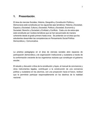 3
1. Presentación.
El área de ciencias Sociales, Historia, Geografía y Constitución Política y
Democracia está constituida por los siguientes ejes temáticos: Historia y Sociedad,
Espacio y Sociedad, Cultura y Sociedad, Política y Sociedad, Economía y
Sociedad, Derecho y Sociedad y Civilidad y Conflicto. Cada uno de estos ejes
está constituido por núcleos temáticos que se han secuenciado de manera
coherente desde el grado primero hasta once. Se pretende con el área que los
estudiantes desarrollen las competencias en Pensamiento Social Política
Democrática y Comunicativa.
La práctica pedagógica en el área de ciencias sociales abre espacios de
participación democrática y de organización institucional y ciudadana a través de
la conformación creciente de los organismos rectores que constituyen el gobierno
escolar.
El estudio y discusión crítica de la constitución y leyes, el manual de convivencia y
otros instrumentos legales, contribuyen a la construcción de una conciencia
política y ciudadana en los alumnos, con una proyección hacia el futuro, rectitud
que le permitirán participar responsablemente en los destinos de la realidad
nacional.
 