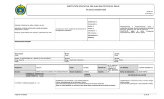 INSTITUCIÓN EDUCATIVA SAN JUAN BAUTISTA DE LA SALLE
PLAN DE ASIGNATURA
F-GE-03
17-01-2011
Interpretar: diferencia los verbos modales y su uso.
Argumentar: sustenta en forma oral y escrita sus propios
desempeños y avances.
Proponer: aporta material para mejorar el desarrollo de la clase.
¿Conserva los verbos modales las terminaciones de
los regulares e irregulares?
Identificación: x
Comparación: x
Análisis: x
Síntesis: x
Clasificación: x
Diferenciación: x
Representación: x
Razonar x:
PEDAGOGICOS Y TECNOLOGICOS: textos y
cuadernillos de trabajo, lecturas comprensivas fotocopias,
fotocopias, grabadora, CDS, sala de audiovisual.
DIDACTICOS: sopas de letras crucigramas,
representaciones graficas, afiches, objetos.
Observaciones Generales:
Responsable:
Firma
Revisó:
Firma
Aprobó:
Firma
Nombre FLORALBA RINCON Y MARIA CECILIA ALVARADO Nombre: Nombre:
Cargo: Docente Cargo : Coordinador Académico Cargo : Rector
Fecha: Fecha: Fecha:
Asignatura: INGLES Grado: DECIMO Semana No.:
DE LA TREINTA Y
CUATRO A LA
CUARENTA Y
TRES SEMANAS
I.H. Semanal: 3 HORAS SEMANALES
Docente: MARIA CECILIA ALVARADO Y FLORALBA RINCON Período Académico: CUARTO Guía No.: NO Fecha de elaboración: 28 DE ENERO
ENSEÑANZAS ESPECIFICAS LOGROS
Indicadores
CRITERIOS DE EVALUACIÓN
UNIDAD TEMÁTICA - Temas
FUTUROS Y CONDICILONALES ( 0, 1, 2 )
DIFERENCIA LOS FUTUROS Y LOS CONDICIONALES
Emplea adecuadamente los condicionales y futuros.
Aplica adecuadamente las técnicas de comprensión lectora en los textos asignados.
Aplica con responsabilidad los contenidos vistos desarrollando conscientemente los talleres propuestos.
CUANTITATIVO: evaluaciones orales y escritas, trabajos
escritos, tareas.
CUALITATIVOS: participación, responsabilidad e interés.
Copia No Controlada 22 de 28
 