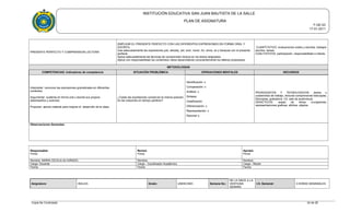 INSTITUCIÓN EDUCATIVA SAN JUAN BAUTISTA DE LA SALLE
PLAN DE ASIGNATURA
F-GE-03
17-01-2011
PRESENTE PERFECTO Y COMPRENSION LECTORA
EMPLEAR EL PRESENTE PERFECTO CON LAS DIFERENTES EXPRESIONES EN FORMA ORAL Y
ESCRITA.
Usa adecuadamente las expresiones just, already, yet, ever, never, for, since, so y because con el presente
perfecto.
Aplica adecuadamente las técnicas de comprensión lectora en los textos asignados.
Aplica con responsabilidad los contenidos vistos desarrollando conscientemente los talleres propuestos.
CUANTITATIVO: evaluaciones orales y escritas, trabajos
escritos, tareas.
CUALITATIVOS: participación, responsabilidad e interés.
METODOLOGÍAS
COMPETENCIAS: Indicadores de competencia SITUACIÓN PROBLÉMICA OPERACIONES MENTALES RECURSOS
Interpretar: reconoce las expresiones gramaticales en diferentes
contextos.
Argumentar: sustenta en forma oral y escrita sus propios
desempeños y avances.
Proponer: aporta material para mejorar el desarrollo de la clase.
¿Todas las expresiones conservan la misma posición
en las oraciones en tiempo perfecto?
Identificación: x
Comparación: x
Análisis: x
Síntesis:
Clasificación:
Diferenciación: x
Representación: x
Razonar x:
PEDAGOGICOS Y TECNOLOGICOS: textos y
cuadernillos de trabajo, lecturas comprensivas fotocopias,
fotocopias, grabadora, Cd, sala de audiovisual.
DIDACTICOS: sopas de letras crucigramas,
representaciones graficas, afiches, objetos.
Observaciones Generales:
Responsable:
Firma
Revisó:
Firma
Aprobó:
Firma
Nombre: MARIA CECILIA ALVARADO. Nombre: Nombre:
Cargo: Docente Cargo : Coordinador Académico Cargo : Rector
Fecha: Fecha: Fecha:
Asignatura: INGLES Grado: UNDECIMO Semana No.:
DE LA ONCE A LA
VENTIUNA
SEMANA
I.H. Semanal: 3 HORAS SEMANALES
Copia No Controlada 24 de 28
 