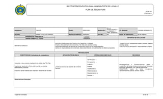 INSTITUCIÓN EDUCATIVA SAN JUAN BAUTISTA DE LA SALLE
PLAN DE ASIGNATURA
F-GE-03
17-01-2011
Asignatura: INGLES Grado: UNDECIMO Semana No.:
DE LA
VENTICUATRO A
LA TREINTA Y
TRES SEMANAS
I.H. Semanal: 3 HORAS SEMANALES
Docente: MARIA CECILIA ALVARADO Período Académico: TERCERO Guía No.: NO Fecha de elaboración: 28 DE ENERO
ENSEÑANZAS ESPECIFICAS LOGROS
Indicadores
CRITERIOS DE EVALUACIÓN
UNIDAD TEMÁTICA - Temas
REPORTED SPEECH
REPORTA ORACIONES EN TODOS LOS TIEMPOS Y FORMAS
Emplea adecuadamente los verbos Say. Tell, Ask para reportar eventos.
Aplica adecuadamente las técnicas de comprensión lectora en los textos asignados.
Aplica con responsabilidad los contenidos vistos desarrollando conscientemente los talleres propuestos.
CUANTITATIVO: evaluaciones orales y escritas, trabajos
escritos, tareas.
CUALITATIVOS: participación, responsabilidad e interés.
METODOLOGÍAS
COMPETENCIAS: Indicadores de competencia SITUACIÓN PROBLÉMICA OPERACIONES MENTALES RECURSOS
Interpretar: narra eventos empleando los verbos Say, Tell, Ask.
Argumentar: sustenta en forma oral y escrita sus propios
desempeños y avances.
Proponer: aporta material para mejorar el desarrollo de la clase.
¿Todos los eventos se reportan de la misma
manera?
Identificación: x
Comparación: x
Análisis: x
Síntesis:
Clasificación: x
Diferenciación: x
Representación: x
Razonar x:
PEDAGOGICOS Y TECNOLOGICOS: textos y
cuadernillos de trabajo, lecturas comprensivas fotocopias,
fotocopias, grabadora, CDS, sala de audiovisual.
DIDACTICOS: sopas de letras crucigramas,
representaciones graficas, afiches, objetos.
Observaciones Generales:
Copia No Controlada 26 de 28
 
