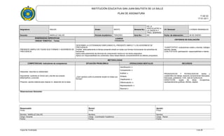 INSTITUCIÓN EDUCATIVA SAN JUAN BAUTISTA DE LA SALLE
PLAN DE ASIGNATURA
F-GE-03
17-01-2011
Asignatura: INGLES Grado: SEXTO Semana No.:
DE LA
VENTICUATRO A
LA TREINTA Y
TRES SEMANAS
I.H. Semanal: 3 HORAS SEMANALES
Docente: MARILUZ GALVIS Período Académico: TERCERO Guía No.: NO Fecha de elaboración: 28 DE ENERO
ENSEÑANZAS ESPECIFICAS LOGROS
Indicadores
CRITERIOS DE EVALUACIÓN
UNIDAD TEMÁTICA - Temas
PRESENTE SIMPLE EN TODAS SUS FORMAS Y ADVERBIOS DE
FRECUENCIA
DESCRIBIR LA COTIDIANIDAD EMPLEANDO EL PRESENTE SIMPLE Y LOS ADVERBIOS DE
FRECUENCIA.
Emplea adecuadamente el tiempo presente simple en todas sus formas involucrando los adverbios de
frecuencia.
Aplica adecuadamente las técnicas de comprensión lectora en los textos asignados.
Aplica con responsabilidad los contenidos vistos desarrollando conscientemente los talleres propuestos.
CUANTITATIVO: evaluaciones orales y escritas, trabajos
escritos, tareas.
CUALITATIVOS: participación, responsabilidad e interés.
METODOLOGÍAS
COMPETENCIAS: Indicadores de competencia SITUACIÓN PROBLÉMICA OPERACIONES MENTALES RECURSOS
Interpretar: describe la cotidianidad.
Argumentar: sustenta en forma oral y escrita sus propios
desempeños y avances.
Proponer: aporta material para mejorar el desarrollo de la clase.
¿Qué cambios sufre el presente simple en todas sus
formas?
Identificación: x
Comparación: x
Análisis: x
Síntesis:
Clasificación: x
Diferenciación: x
Representación: x
Razonar x:
PEDAGOGICOS Y TECNOLOGICOS: textos y
cuadernillos de trabajo, lecturas comprensivas fotocopias,
fotocopias, grabadora, CDS, sala de audiovisual.
DIDACTICOS: sopas de letras crucigramas,
representaciones graficas, afiches, objetos.
Observaciones Generales:
Responsable:
Firma
Revisó:
Firma
Aprobó:
Firma
Nombre : MARILUZ GALVIS Nombre: Nombre:
Cargo: Docente Cargo : Coordinador Académico Cargo : Rector
Fecha: Fecha: Fecha:
Copia No Controlada 3 de 28
 
