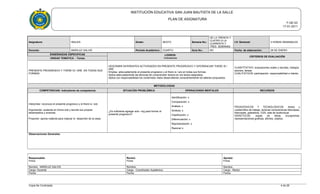 INSTITUCIÓN EDUCATIVA SAN JUAN BAUTISTA DE LA SALLE
PLAN DE ASIGNATURA
F-GE-03
17-01-2011
Asignatura: INGLES Grado: SEXTO Semana No.:
DE LA TREINTA Y
CUATRO A LA
CUARENTA Y
TRES SEMANAS
I.H. Semanal: 3 HORAS SEMANALES
Docente: MARILUZ GALVIS Período Académico: CUARTO Guía No.: NO Fecha de elaboración: 28 DE ENERO
ENSEÑANZAS ESPECIFICAS LOGROS
Indicadores
CRITERIOS DE EVALUACIÓN
UNIDAD TEMÁTICA - Temas
PRESENTE PROGRESIVO Y THERE IS / ARE EN TODAS SUS
FORMAS
DESCRIBIR DIFERENTES ACTIVIDADES EN PRESENTE PROGRESIVO Y DIFERENCIAR THERE IS /
ARE
Emplea adecuadamente el presente progresivo y el there is / are en todas sus formas.
Aplica adecuadamente las técnicas de comprensión lectora en los textos asignados.
Aplica con responsabilidad los contenidos vistos desarrollando conscientemente los talleres propuestos.
CUANTITATIVO: evaluaciones orales y escritas, trabajos
escritos, tareas.
CUALITATIVOS: participación, responsabilidad e interés.
METODOLOGÍAS
COMPETENCIAS: Indicadores de competencia SITUACIÓN PROBLÉMICA OPERACIONES MENTALES RECURSOS
Interpretar: reconoce el presente progresivo y el there is / are.
Argumentar: sustenta en forma oral y escrita sus propios
desempeños y avances.
Proponer: aporta material para mejorar el desarrollo de la clase.
¿Es suficiente agregar solo –ing para formar el
presente progresivo?
Identificación: x
Comparación: x
Análisis: x
Síntesis: x
Clasificación: x
Diferenciación: x
Representación: x
Razonar x:
PEDAGOGICOS Y TECNOLOGICOS: textos y
cuadernillos de trabajo, lecturas comprensivas fotocopias,
fotocopias, grabadora, CDS, sala de audiovisual.
DIDACTICOS: sopas de letras crucigramas,
representaciones graficas, afiches, objetos.
Observaciones Generales:
Responsable:
Firma
Revisó:
Firma
Aprobó:
Firma
Nombre : MARILUZ GALVIS Nombre: Nombre:
Cargo: Docente Cargo : Coordinador Académico Cargo : Rector
Fecha: Fecha: Fecha:
Copia No Controlada 4 de 28
 