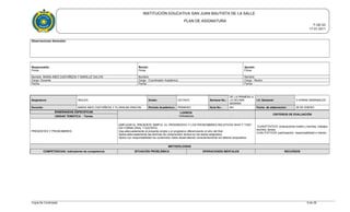 INSTITUCIÓN EDUCATIVA SAN JUAN BAUTISTA DE LA SALLE
PLAN DE ASIGNATURA
F-GE-03
17-01-2011
Observaciones Generales:
Responsable:
Firma
Revisó:
Firma
Aprobó:
Firma
Nombre MARIA INES CASTAÑEDA Y MARILUZ GALVIS Nombre: Nombre:
Cargo: Docente Cargo : Coordinador Académico Cargo : Rector
Fecha: Fecha: Fecha:
Asignatura: INGLES Grado: OCTAVO Semana No.:
DE LA PRIMERA A
LA DECIMA
SEMANA
I.H. Semanal: 3 HORAS SEMANALES
Docente: MARIA INES CASTAÑEDA Y FLORALBA RINCON Período Académico: PRIMERO Guía No.: NO Fecha de elaboración: 28 DE ENERO
ENSEÑANZAS ESPECIFICAS LOGROS
Indicadores
CRITERIOS DE EVALUACIÓN
UNIDAD TEMÁTICA - Temas
PRESENTES Y PRONOMBRES
EMPLEAR EL PRESENTE SIMPLE, EL PROGRESIVO Y LOS PRONOMBRES RELATIVOS WHO Y THAT
EN FORMA ORAL Y ESCRITA.
Usa adecuadamente el presente simple y el progresivo diferenciando el who del that.
Aplica adecuadamente las técnicas de comprensión lectora en los textos asignados.
Aplica con responsabilidad los contenidos vistos desarrollando conscientemente los talleres propuestos.
CUANTITATIVO: evaluaciones orales y escritas, trabajos
escritos, tareas.
CUALITATIVOS: participación, responsabilidad e interés.
METODOLOGÍAS
COMPETENCIAS: Indicadores de competencia SITUACIÓN PROBLÉMICA OPERACIONES MENTALES RECURSOS
Copia No Controlada 9 de 28
 